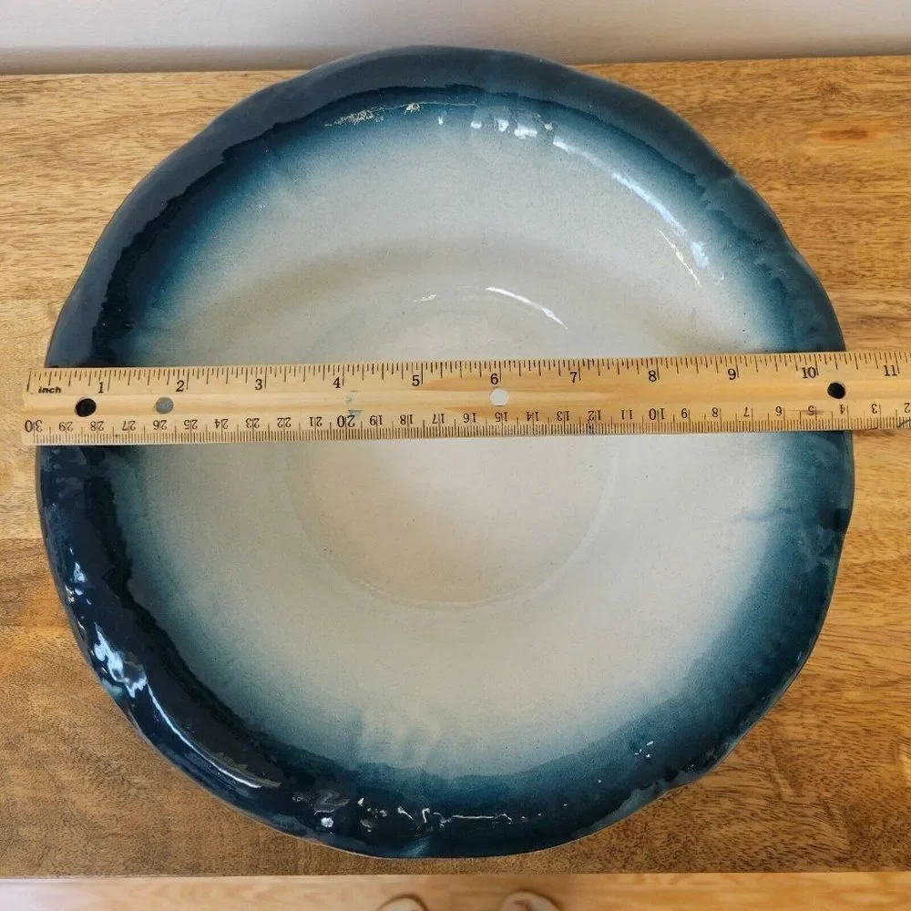 Handmade Ceramic Heavy Oval Ombre White And Deep Green Serving Bowl